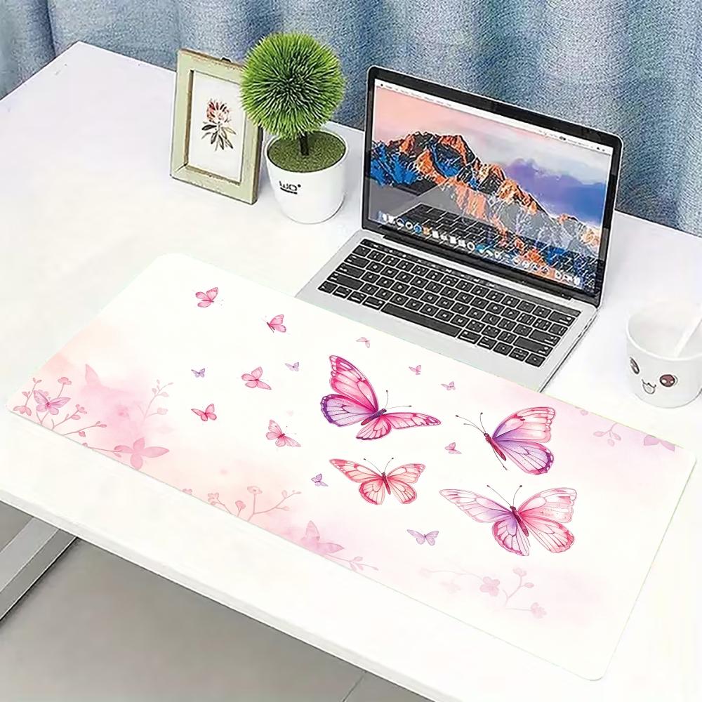 Desk Setup Pc And Laptop - Sulu Boya Pembe Kelebek Desenli Büyük